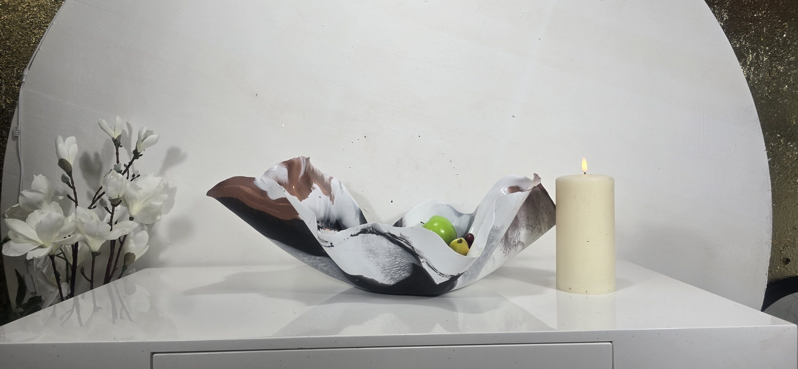 Large Matte white black copper long shallow bowl - Image 7