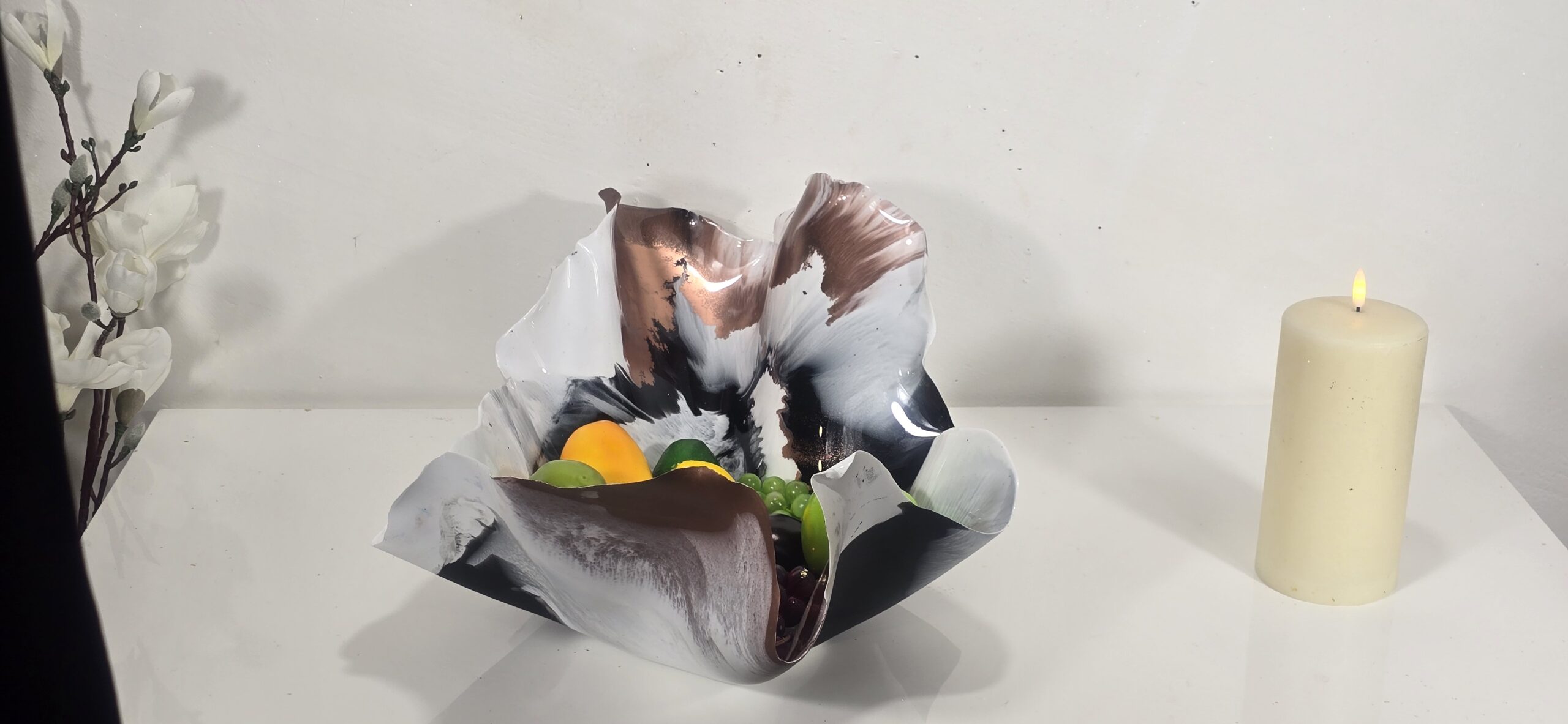 Large Matte white black copper long shallow bowl - Image 4