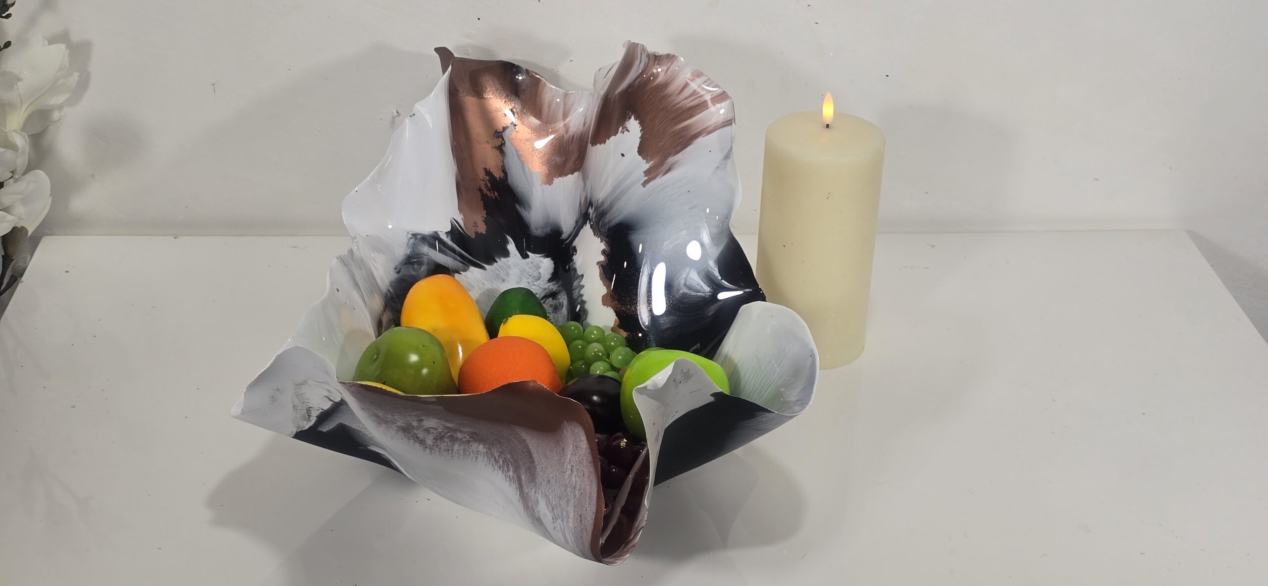 Large Matte white black copper long shallow bowl - Image 3