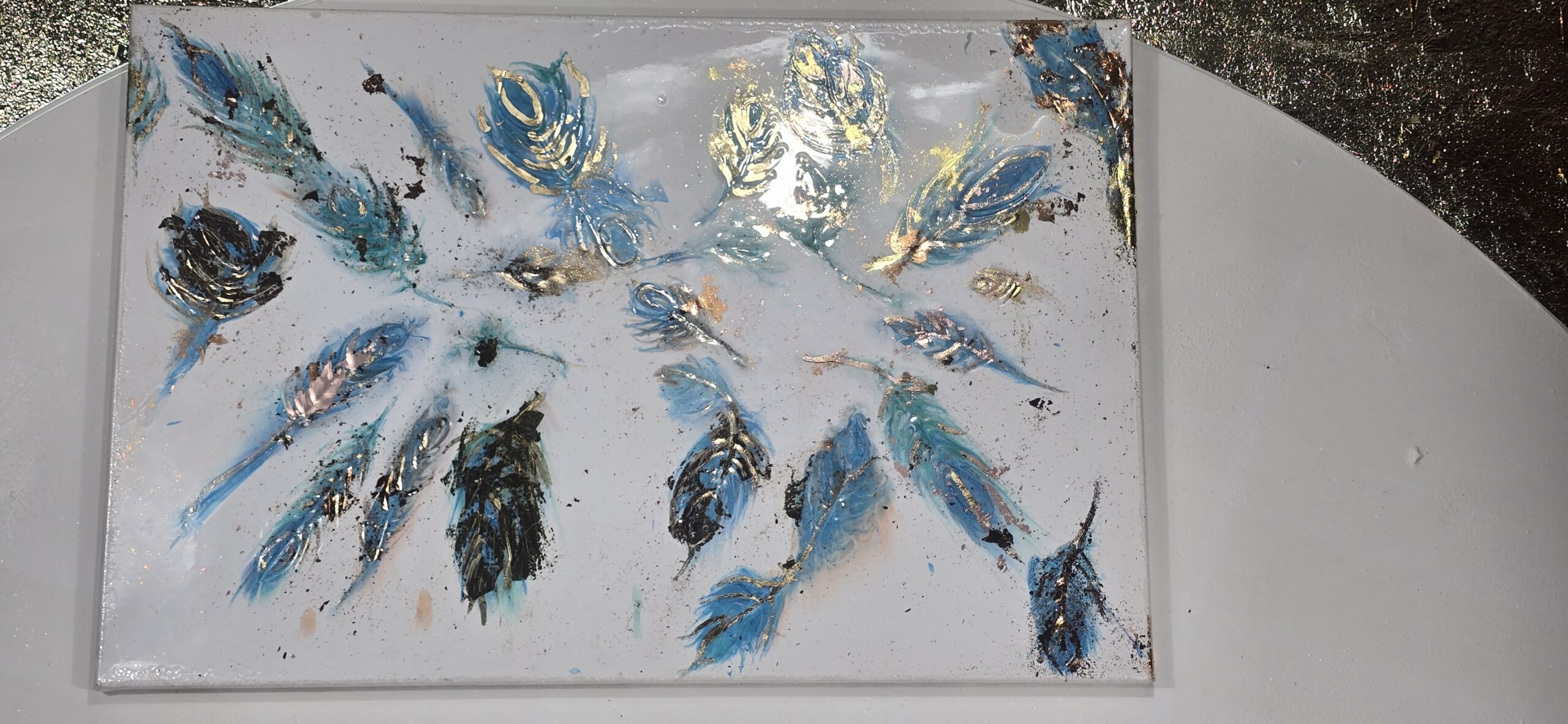 LARGE WALL ART BLUE GOLD LEAF GREEN FEATHERS - Image 4