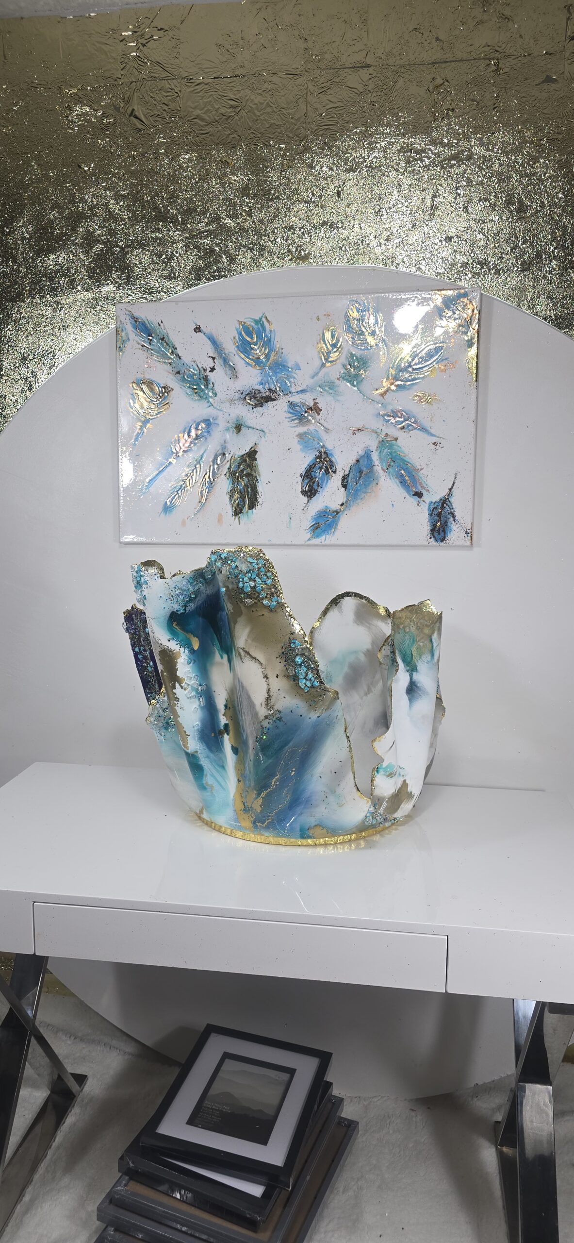 LARGE WALL ART BLUE GOLD LEAF GREEN FEATHERS - Image 2