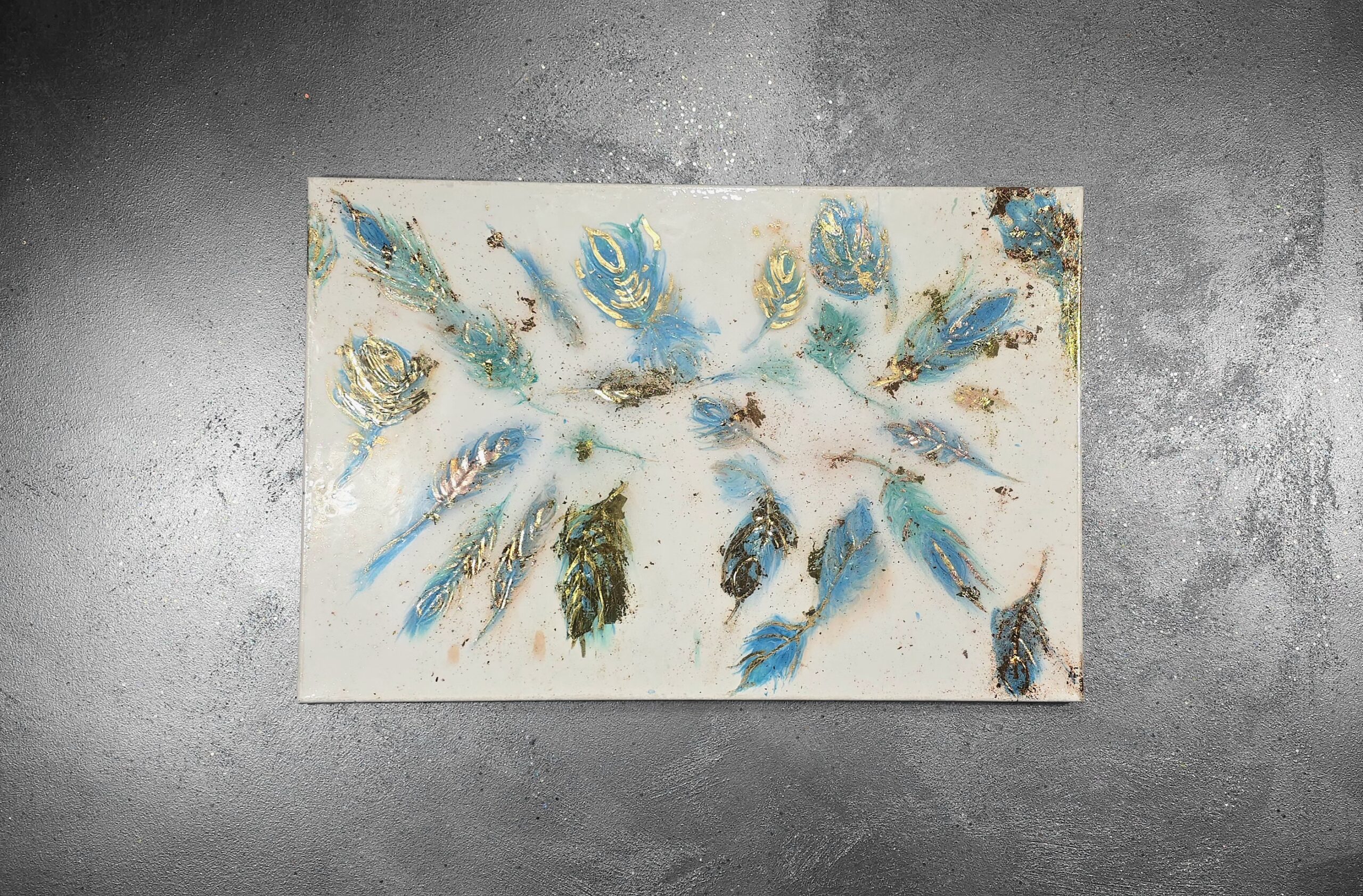 LARGE WALL ART BLUE GOLD LEAF GREEN FEATHERS - Image 5