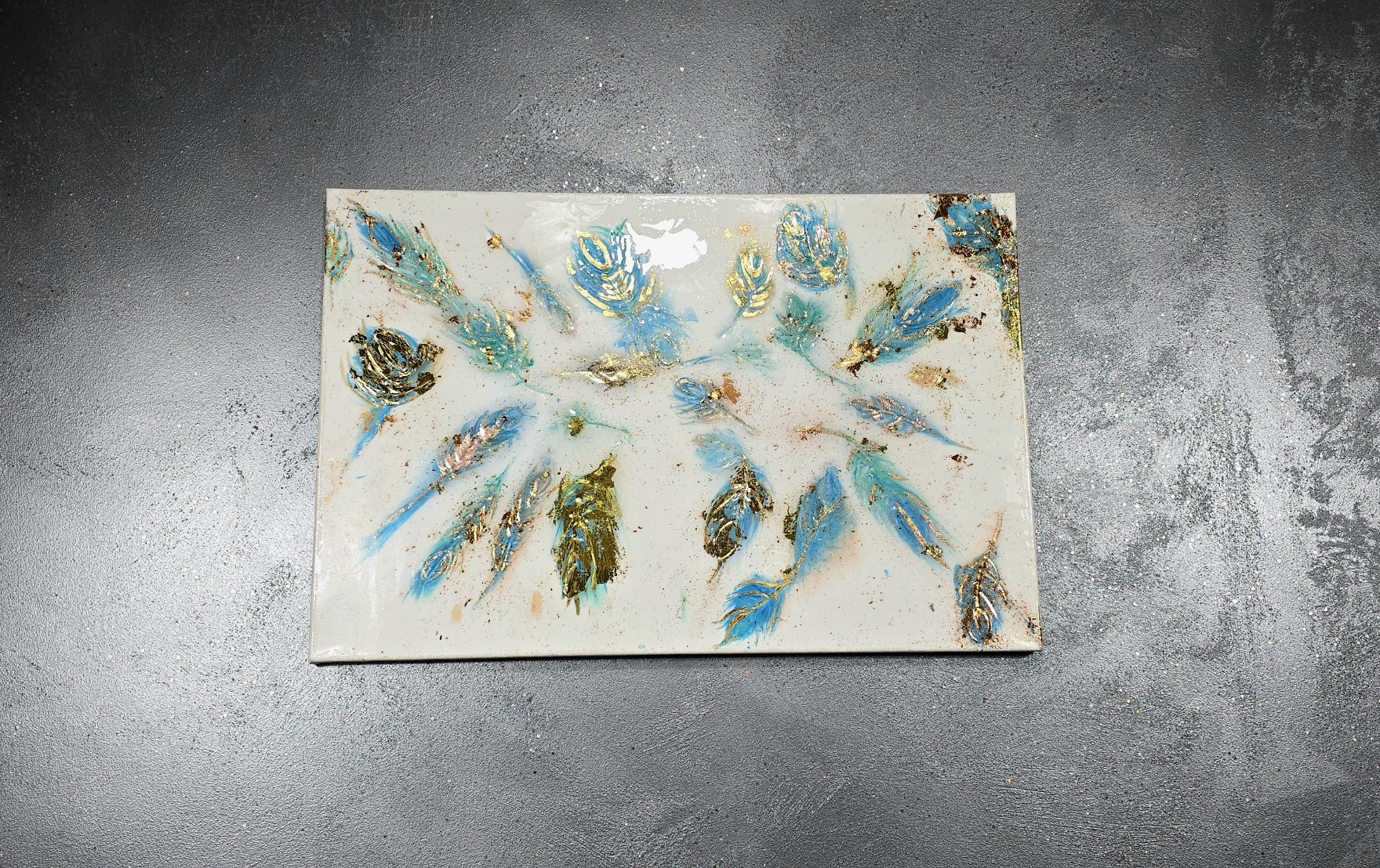 LARGE WALL ART BLUE GOLD LEAF GREEN FEATHERS