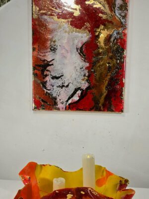 LARGE RED GOLD AND WHITE ABSTRACT CANVAS WALL ART